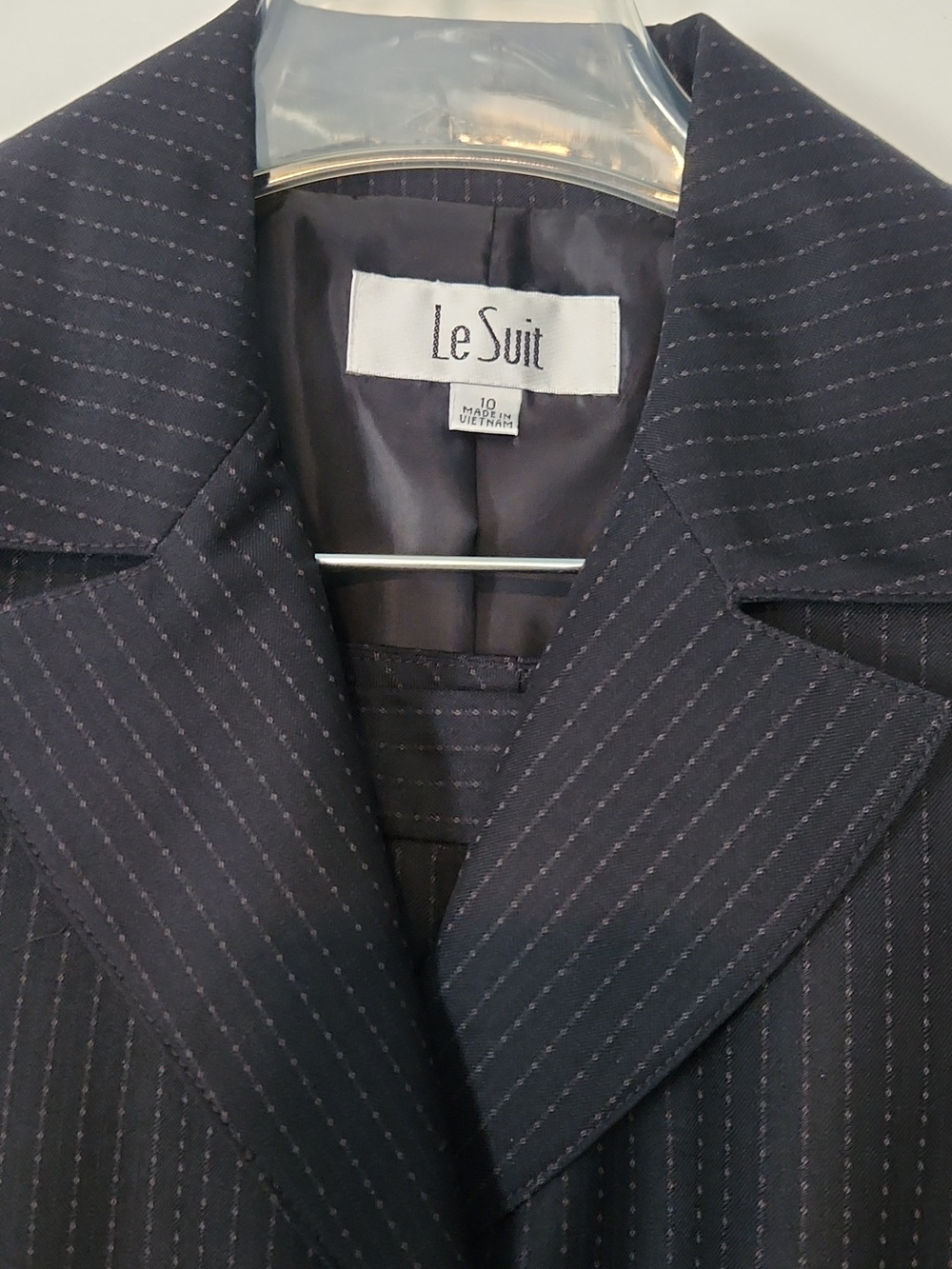 Le Suit 2 pc Pant Suit: navy blue with suttle beige pin stripe